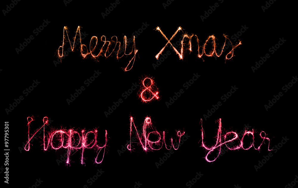 Merry Xmas and Happy New Year made of sparkles firework Merry Xmas and Happy New Year made of sparkles firework