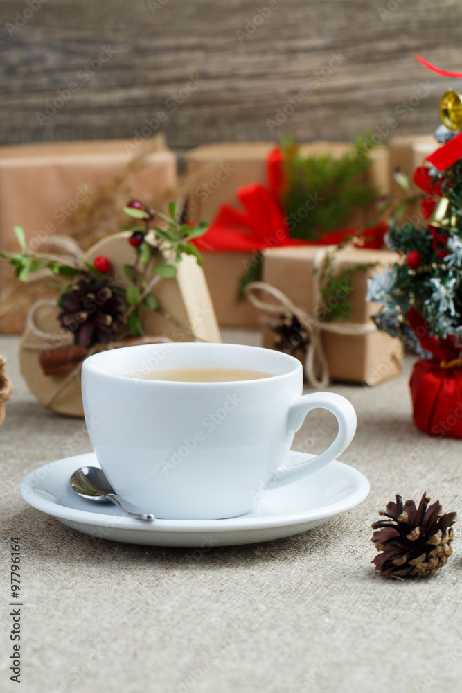 Christmas table with green tea and christmas balls. Christmas table with green tea and christmas balls.