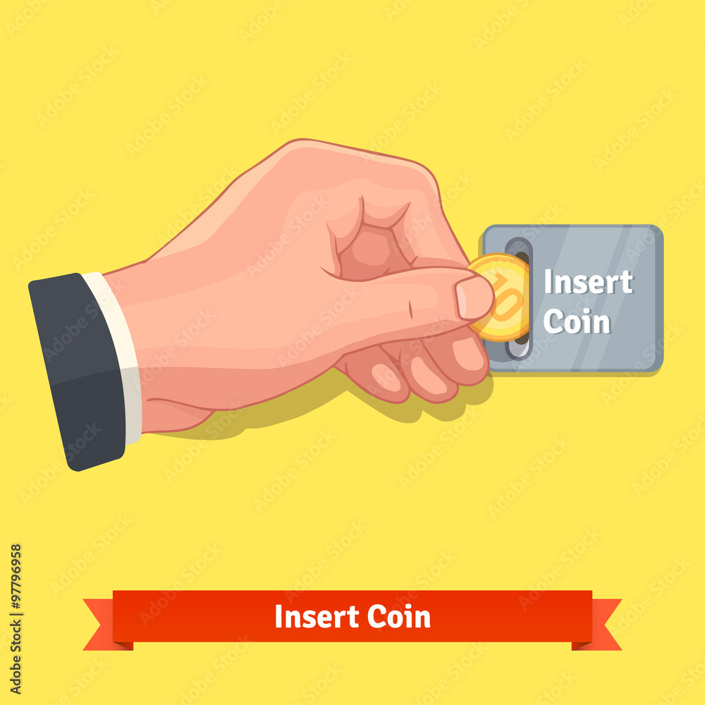 Hand inserting coin to slot on a vending machine Hand inserting coin to slot on a vending machine