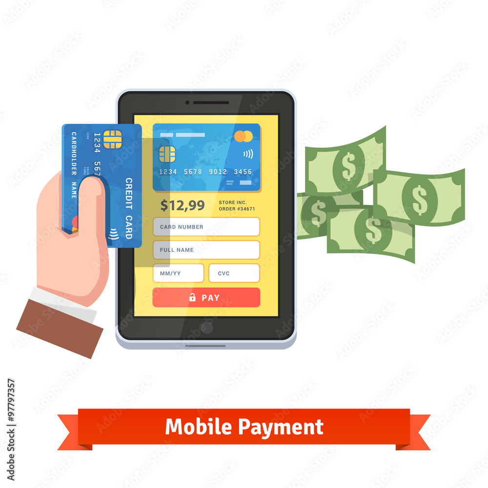 Human hand holding credit card over tablet Human hand holding credit card over tablet