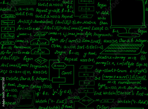 Programming technical vector seamless pattern with programming code, program flow diagrams, formulas, technical devices and schemes. Endless computer texture