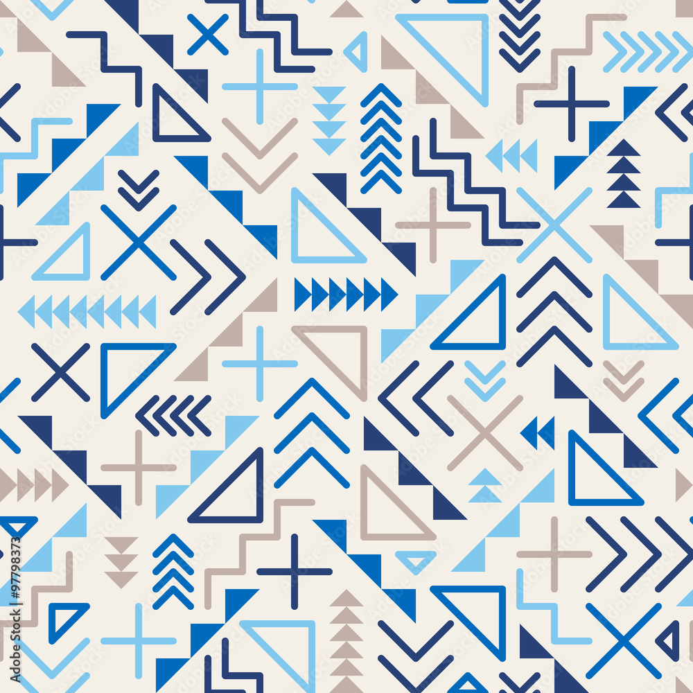 Vector Seamless Retro 80's  Jumble Geometric Line Shapes Blue Hipster Pattern on Grey Background