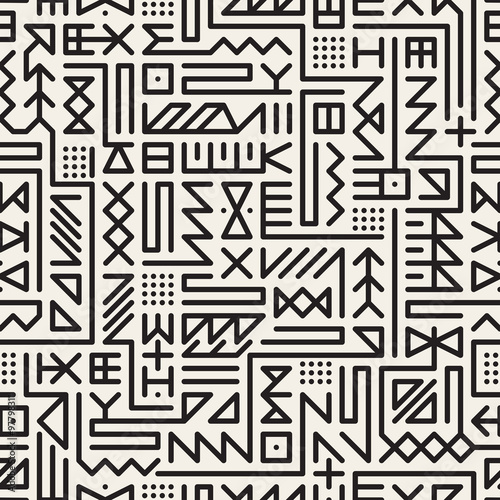 Vector Seamless Black And White Rounded Line Geometric Hipster Signs Pattern
