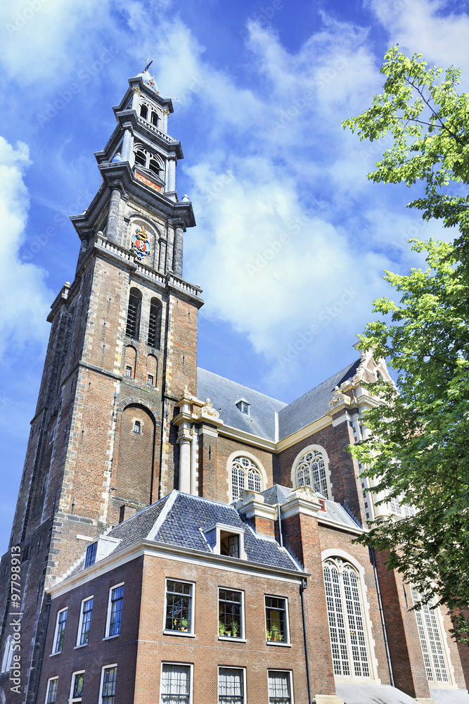 Ancient Western Church tower, Amsterdam Netherlands. 