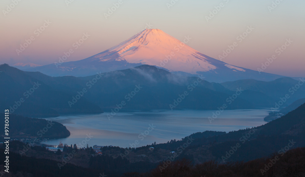 Mountain Fuji and lake ashi in early morning.