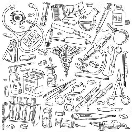 Medical equipments and tools in the freehand drawing style