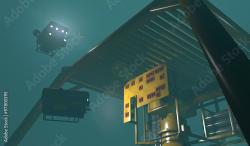 ROVs inspecting subsea oil and gas equipment steel cage protection structure. Fictitious protection structure, oil and gas equipment. Murky water to emphasize depth, blurred image for dramatic effect.