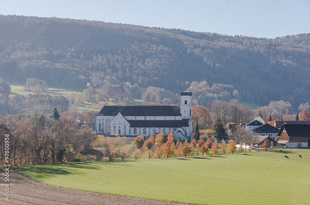 Mariastein, Kloster, Kloster Mariastein, Dorf, Landwirtschaft, Obstbäume, Felder, Wanderweg, Herbstfarben, Herbst, Schweiz