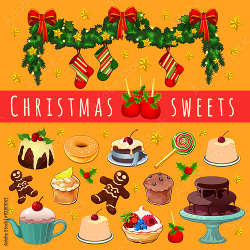 Postcard with Christmas garland and a variety of desserts