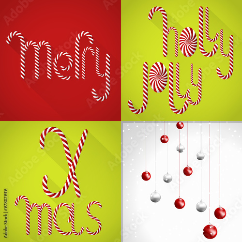 Christmas card in a modern colorful tile design with handmaden Lollipop font and christmas balls photo