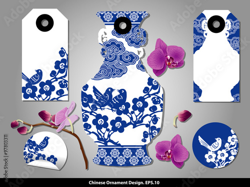 Chinese porcelain style cardboard vintage labels set. Vector.
