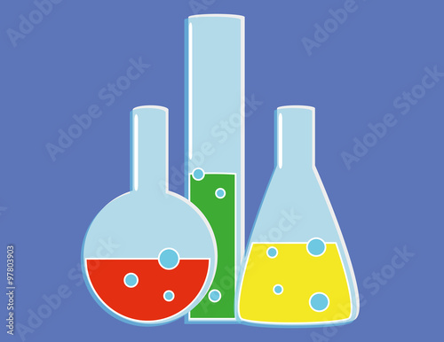 Glass laboratory flasks and receptacles with various colored liquids bubbling away in primary colors on a blue background