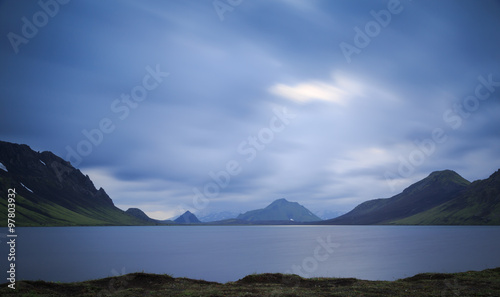 cloudy weather at lake Alftavatn on Iceland. Long exposure.