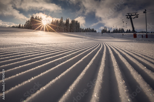 freshly groomed skiing slope in Black Forest, Germany