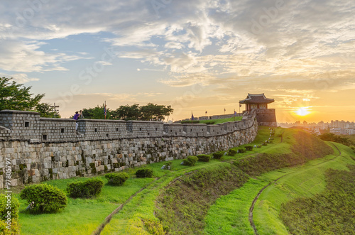 Sunset at Hwaseong Fortress in Suwon, South Korea.