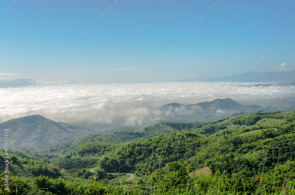 Natural landscape of mountains and sea of mist in the winter season,Thailand Natural landscape of mountains and sea of mist in the winter season,Thailand
