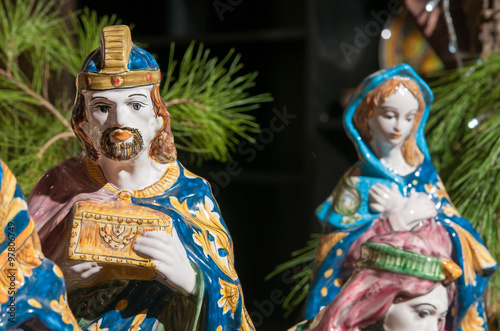 Painted pottery statue portraying one of the three wise men, work by a ceramic artisan in Caltagirone