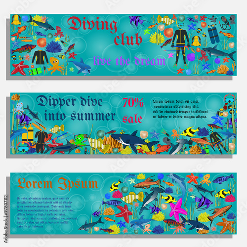 Vacation and travel vector banners, posters, flyers with fish and diving elements. Sport underwater, water sea, glove and flashlight, jacket, pants, suit, socks, regulators, octopus, mask and snorkel.