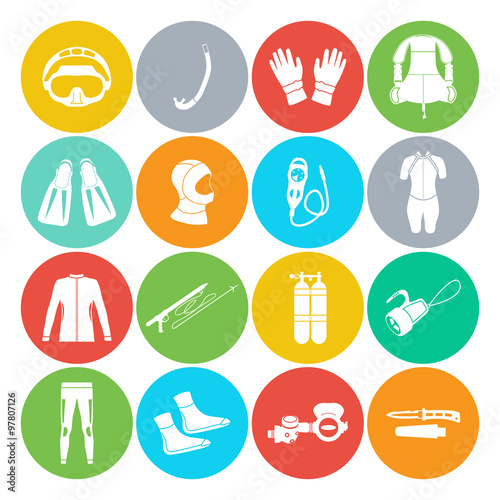 Scuba diving equipment. Sport underwater, water sea, glove and flashlight, Jacket, pants, suit, socks, regulators, octopus,  mask and snorkel. Flat long shadow design. Vector illustration