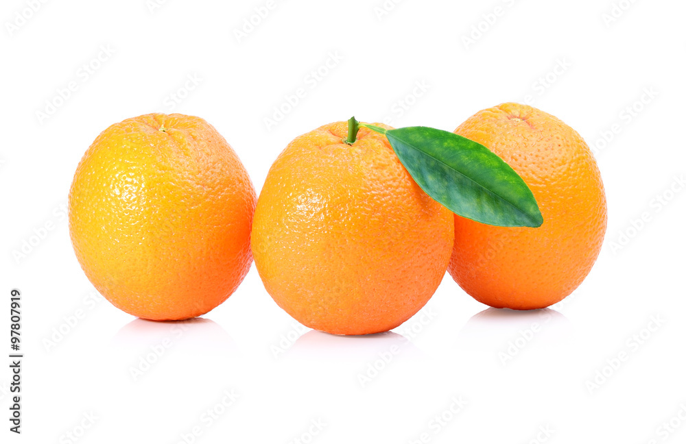 Fresh oranges fruit with leaf on white Fresh oranges fruit with leaf on white
