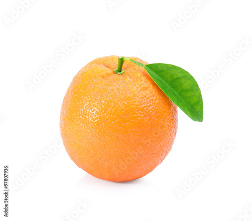 Fresh orange fruit with leaf on white
