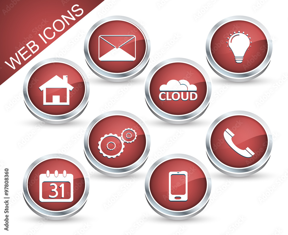 Set of vector icons or buttons in red. Set of vector icons or buttons in red.