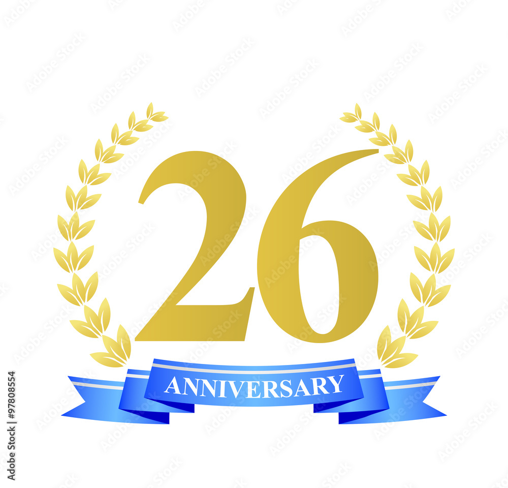 26 anniversary with blue ribbon and gold wreath