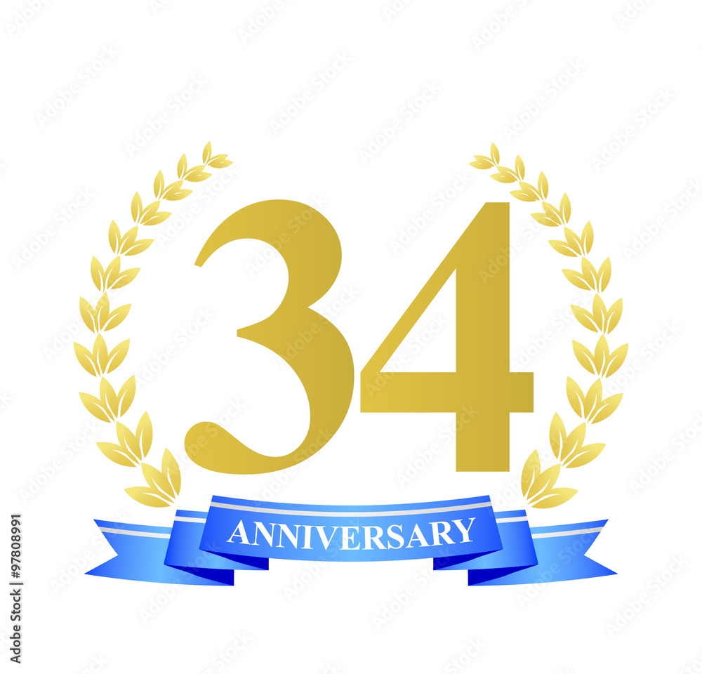 34 anniversary with blue ribbon and gold wreath 34 anniversary with blue ribbon and gold wreath