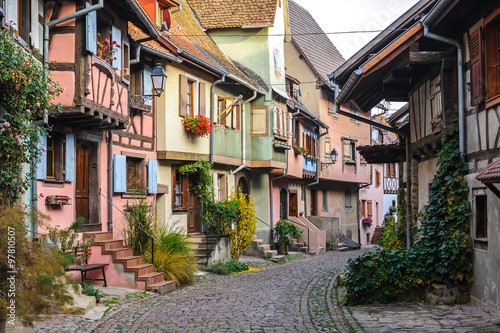 Half-timbered houses on a narrow street in Eguisheim  Alsace  France