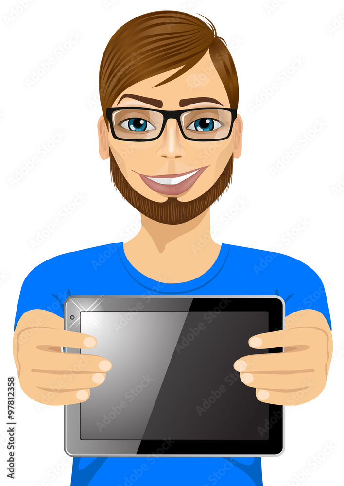 young hipster man displaying tablet