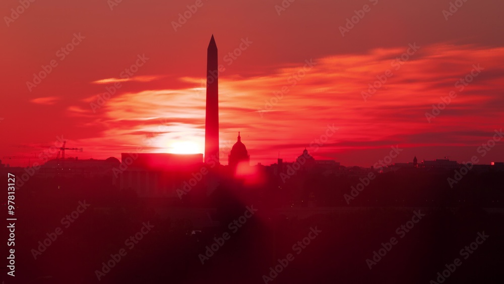 Sunrise over Washington D.C. with the Lincoln Memorial, Washington Monument and Capitol Building