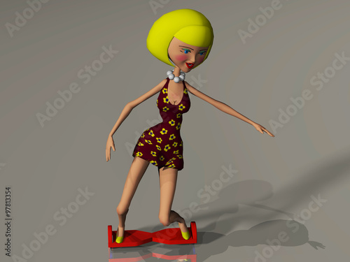 a cartoon rendering of a pretty girl riding a hoverboard photo