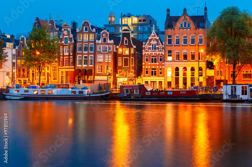 Night city view of Amsterdam canal 