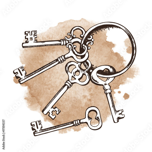 Vintage keys on ring over watercolor background. Isolated Vector illustration