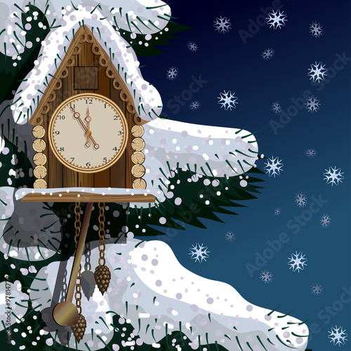 Old wooden clock with fir tree and snow