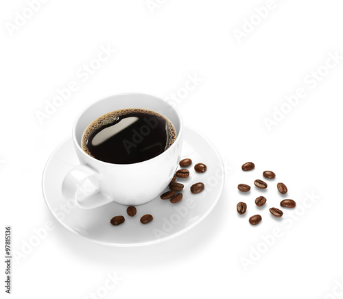 Cup of coffee and coffee beans isolated on white background