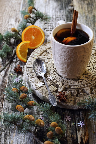 Winter hot drink with cinnamon and orange