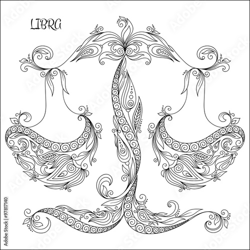 Hand drawn pattern for coloring book zodiac Libra.