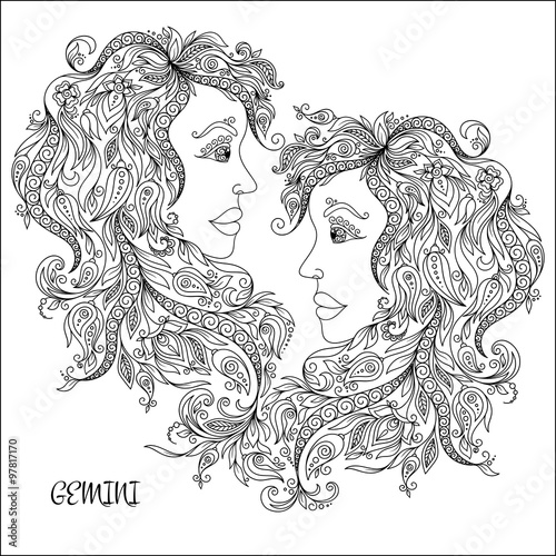 Hand drawn pattern for coloring book zodiac Gemini