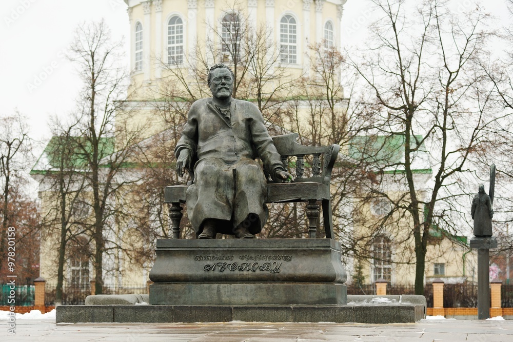 Nikolai Leskov monument in winter in Orel, Russia