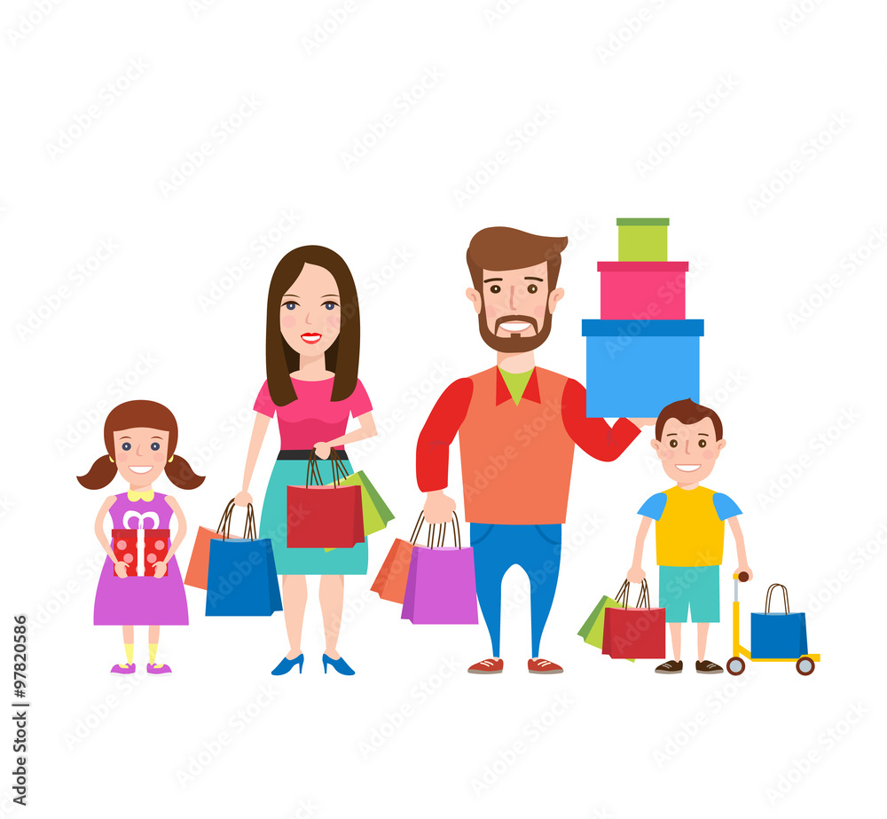 Family shopping.Happy family with shopping bags and gift boxes Family shopping.Happy family with shopping bags and gift boxes