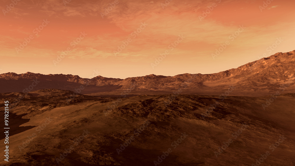 Naklejka premium Mars like red planet, with arid landscape, rocky hills and mountains, for space exploration and science fiction backgrounds.