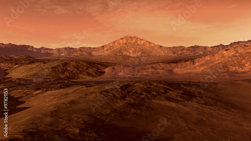 Mars like red planet, with arid landscape, rocky hills and mountains, for space exploration and science fiction backgrounds. © 3000ad