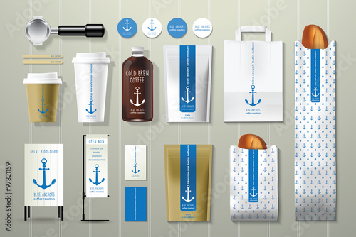 Blue anchors coffee shop corporate identity template design set