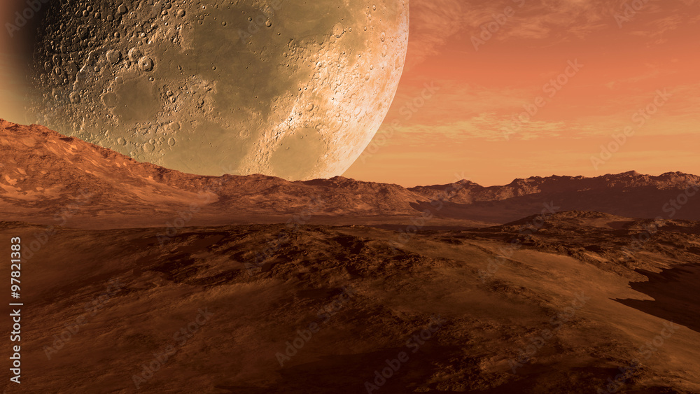 Naklejka premium Mars like red planet with arid landscape, rocky hills and mountains, and a giant moon at the horizon, for space exploration and science fiction backgrounds