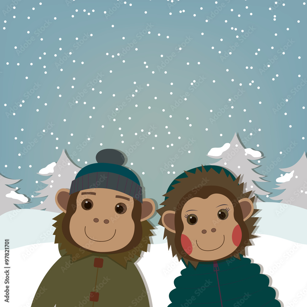 funny Monkeys on winter landscape. New Year and Christmas greeting card. Chinese Zodiac 2016. Cute Animal. Cartoon Character. Vector. funny Monkeys on winter landscape. New Year and Christmas greeting card. Chinese Zodiac 2016. Cute Animal. Cartoon Character. Vector.
