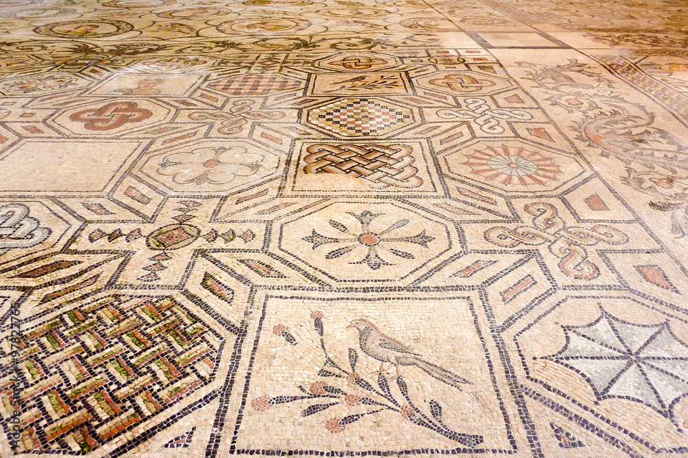Bird and symbol mosaics inside Basilica di Aquileia, Italy Bird and symbol mosaics inside Basilica di Aquileia, Italy