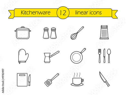 Kitchenware linear icons set