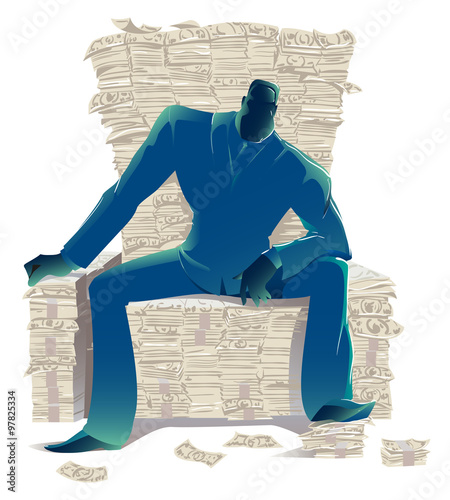 Dark silhouette of a businessman in a suit sitting on a lot of money in the form of a throne, a symbol of the global economic crisis and the development of business, vector