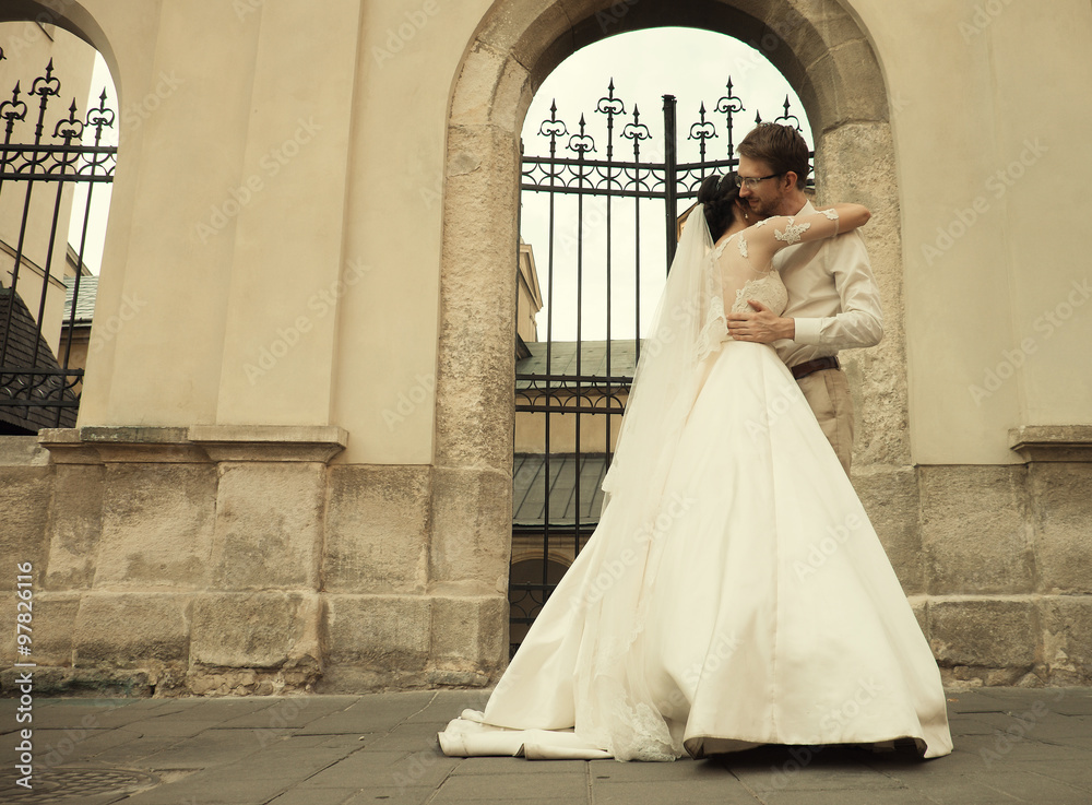 Obraz premium luxury romantic happy bride and groom celebrating marriage 